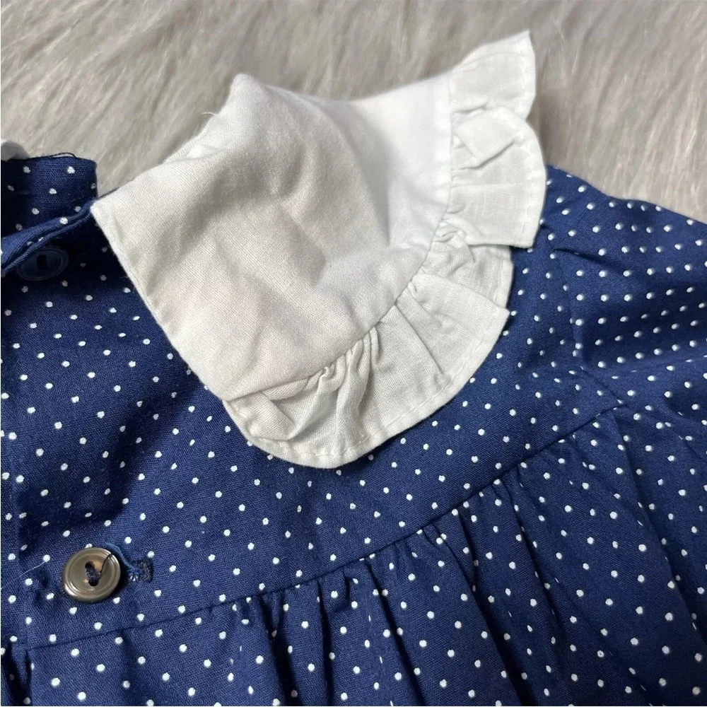 Vintage Polly Flinders Toddler Girls Dress Navy Red White Dot Smocked